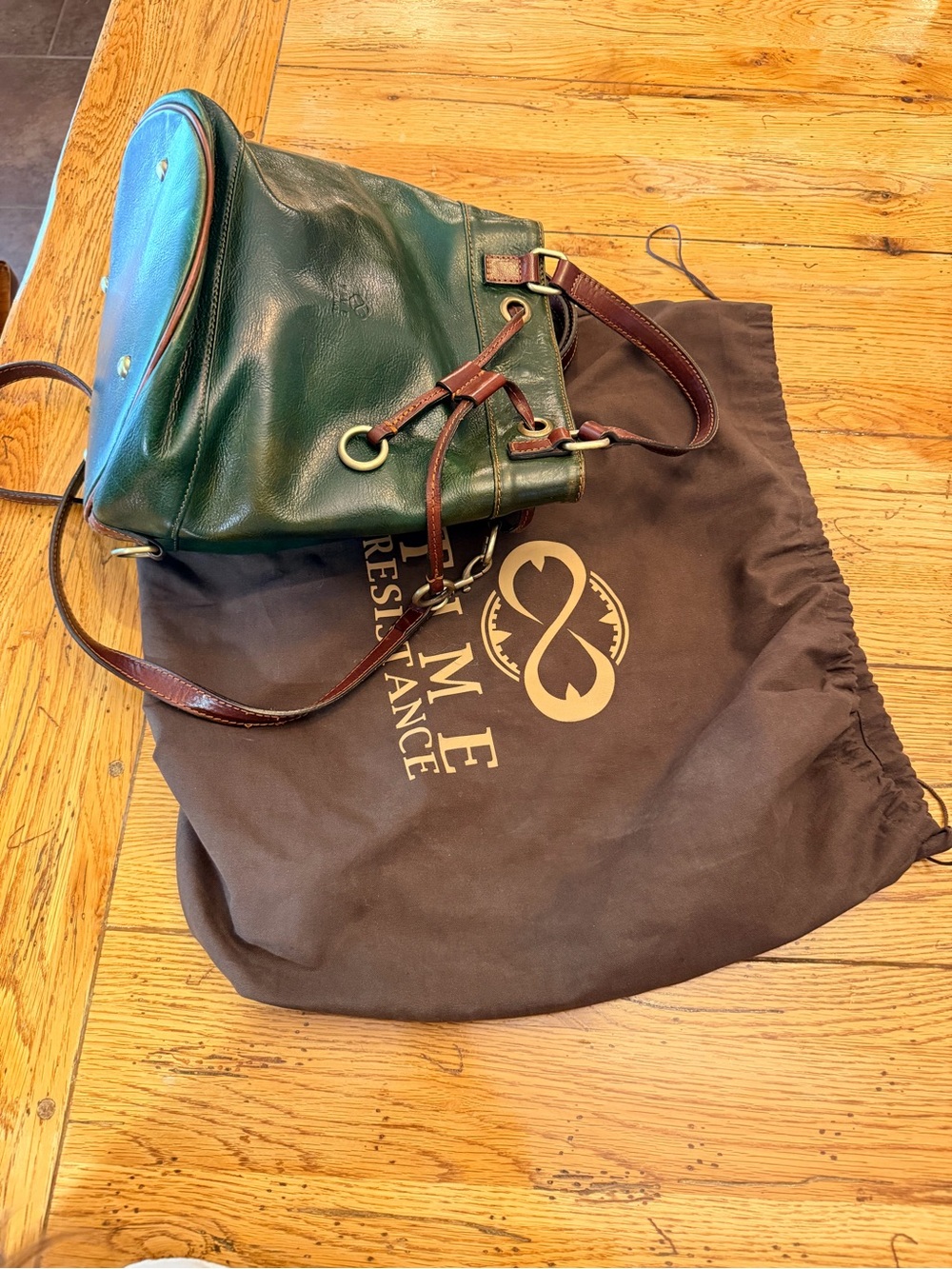 Time Resistance Green Italian Leather Drawstring Bucket Bag with Brown Trim - Picture 12 of 15